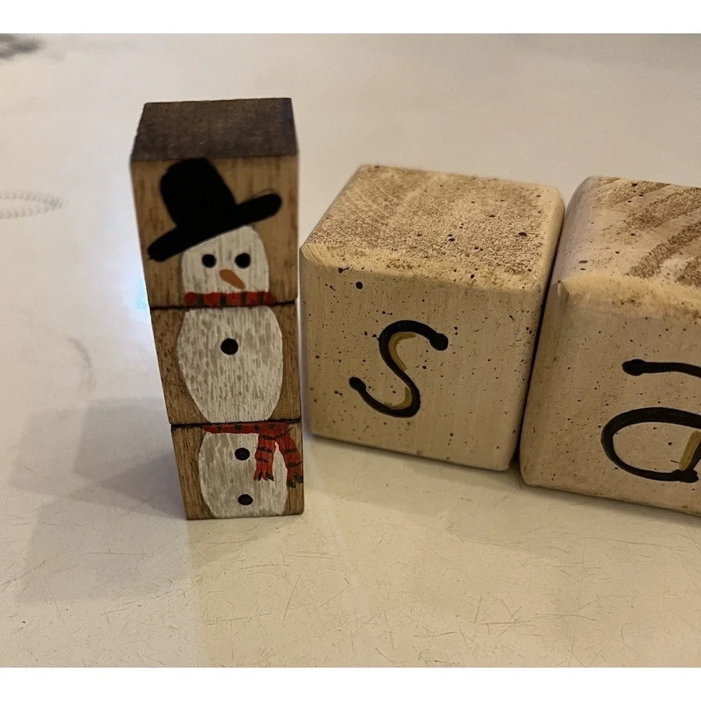 Vintage Homemade Painted Santa Blocks, Tree, Santa,  Snowman